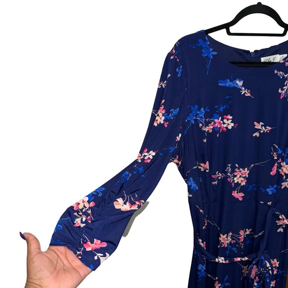 LEliza J's  Floral Navy Blue Puff Sleeve Waist Tie Leg Slit Long Dress Sz 18W - Picture 2 of 12